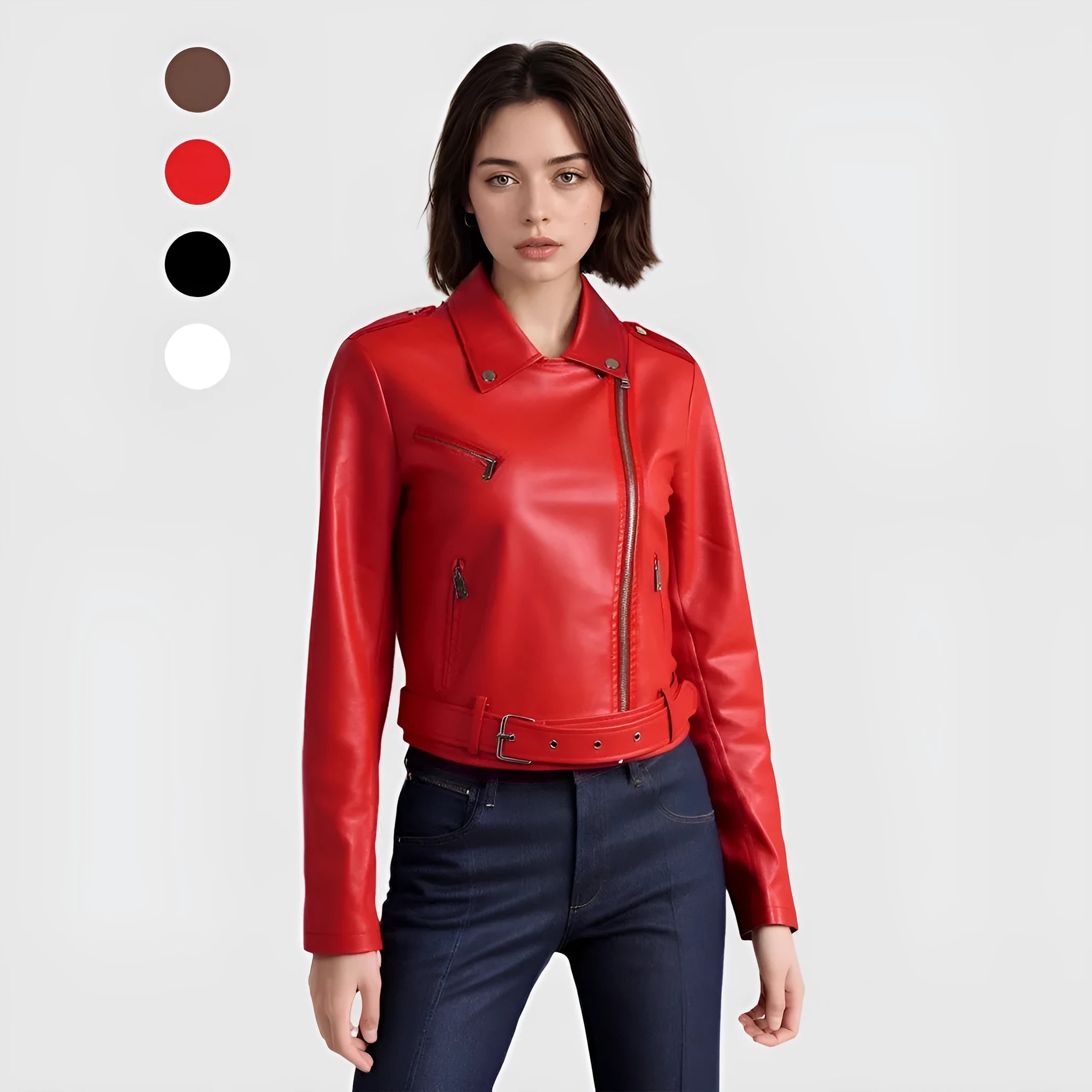 Women's black PU leather motorcycle-style jacket with lapel collar and waist belt on a hanger.