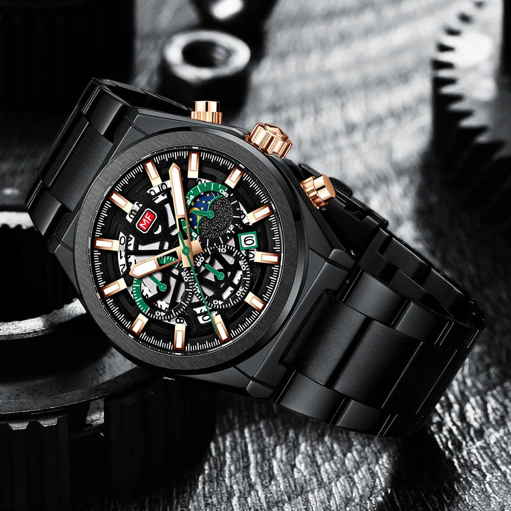 Men's business quartz watch with luminous hands and calendar, 35.5mm dial, mineral glass, stainless steel buckle, black face