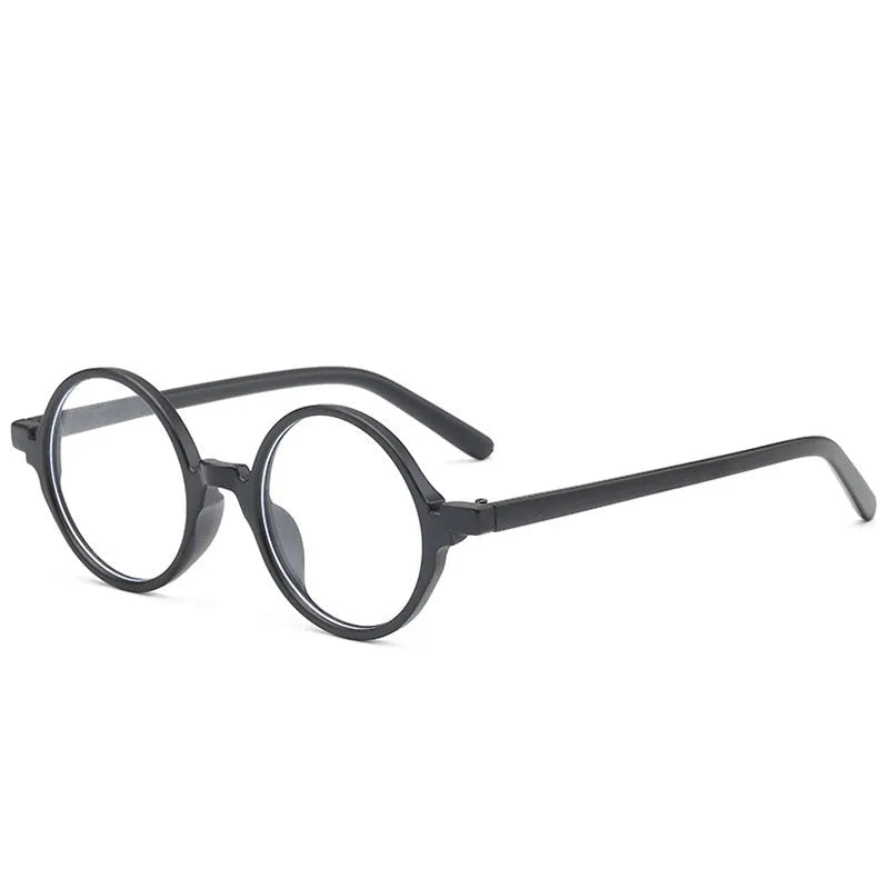 Artistic retro round flat mirror sunglasses in bright black, sand black, tofu pudding, and transparent grey frames.