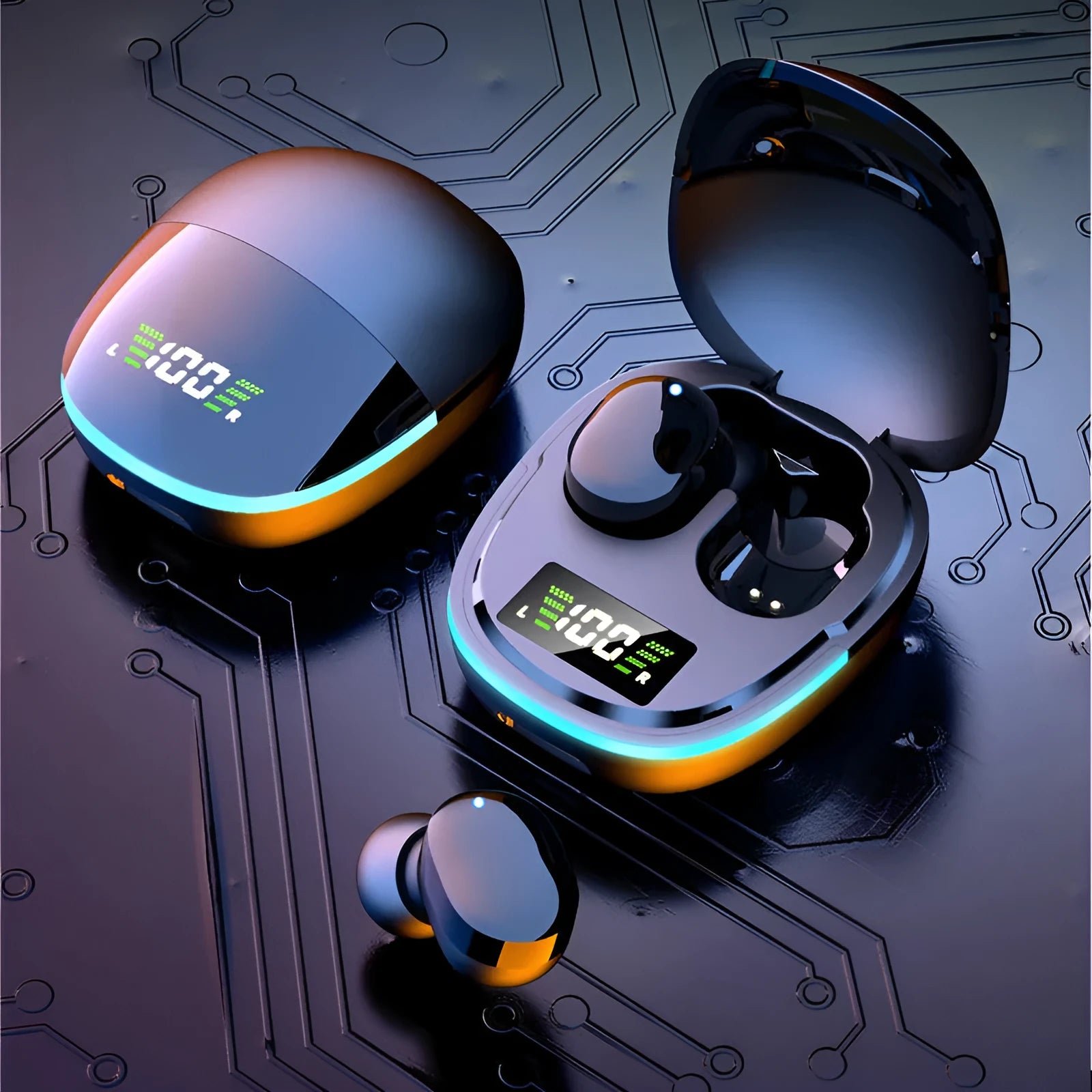 Black true wireless Bluetooth in-ear headphones with charging case showing earpieces and USB cable