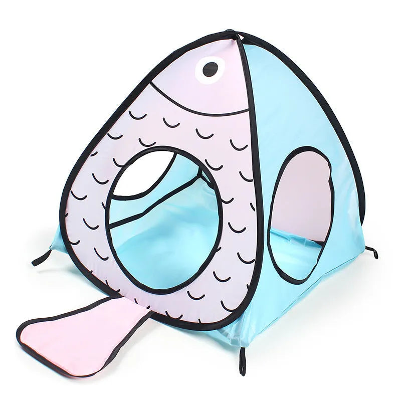 Foldable pet tent tunnel with attached cat toy and fish toy in Cat Fish colour scheme
