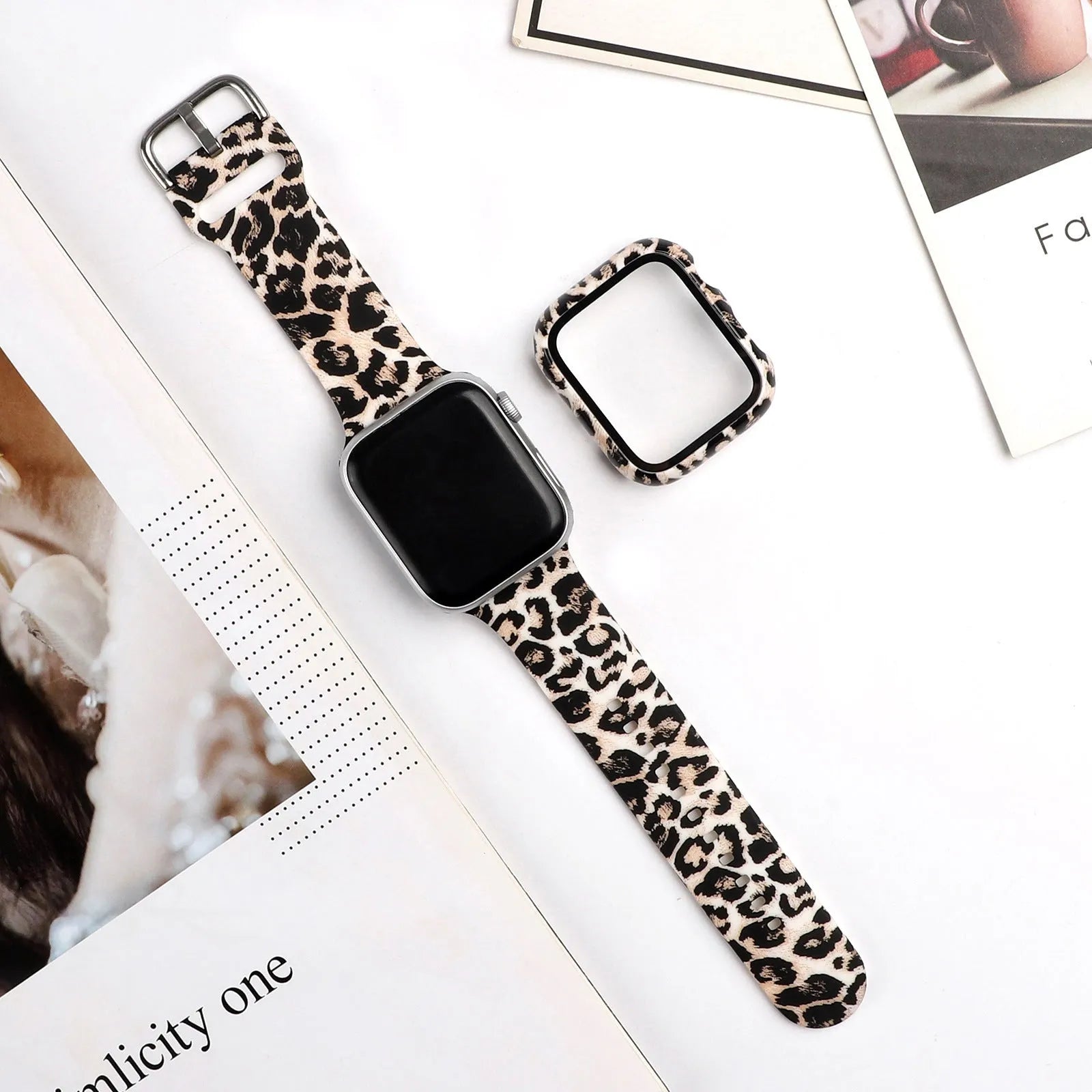 Printed silicone Apple Watch compatible strap shown in multiple design styles for 38mm 40mm 42mm 44mm cases.