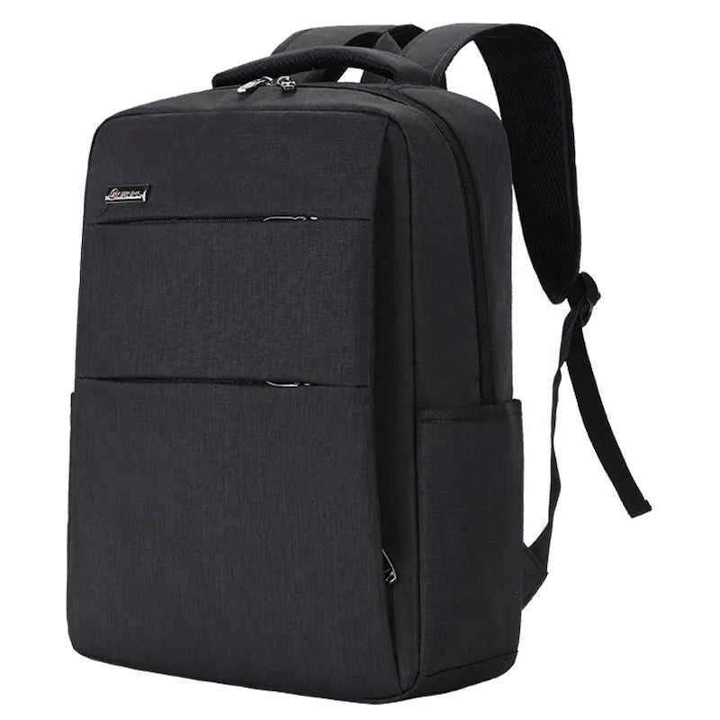 Waterproof Oxford cloth laptop backpack with rechargeable battery in black colour on a shoulder