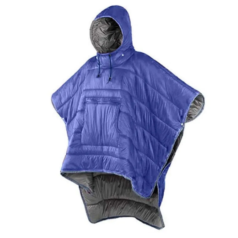 Adult-sized outdoor wearable sleeping bag cloak in Army Green colour showing convertible design