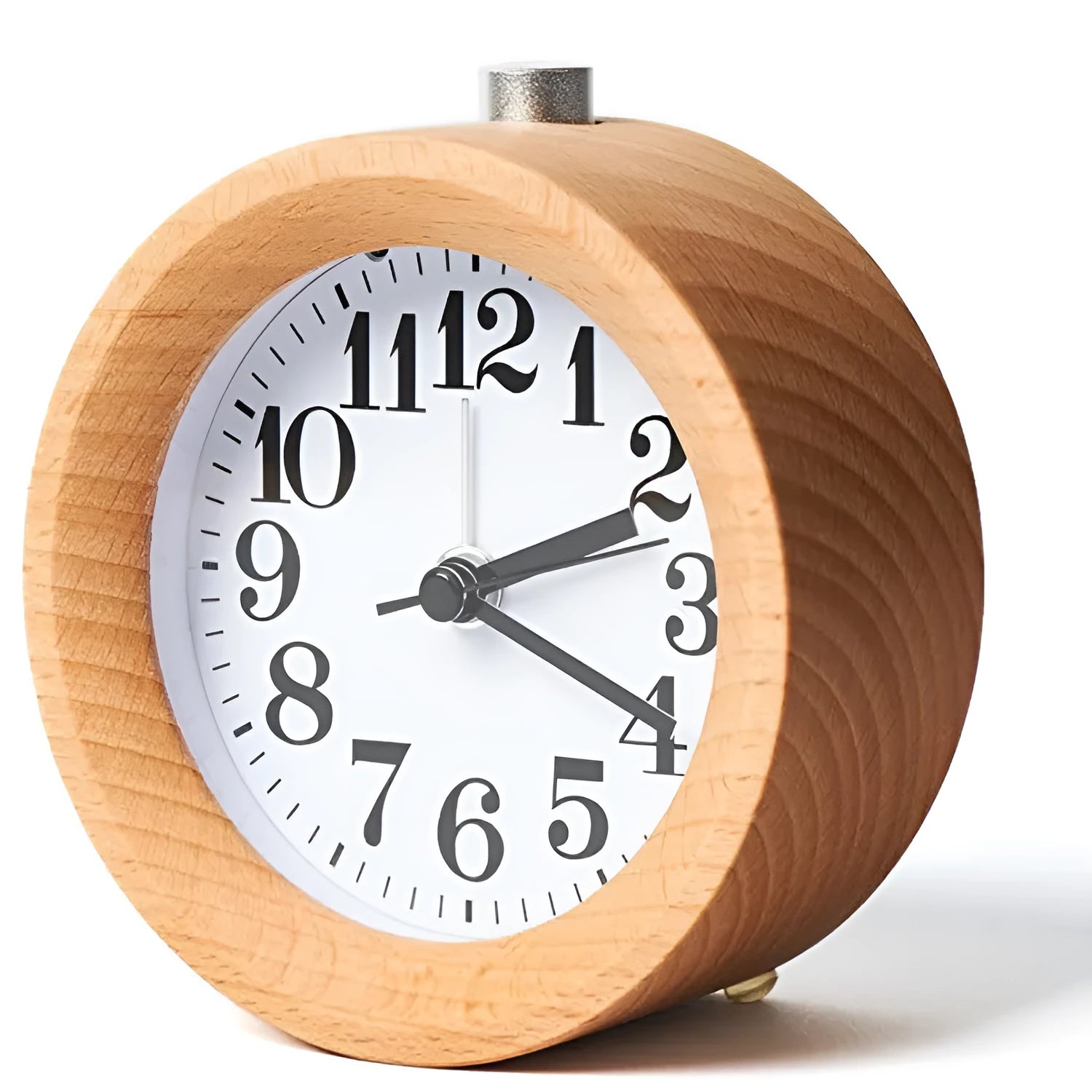 Solid beech wood square alarm clock with silent quartz movement measuring 9.5cm