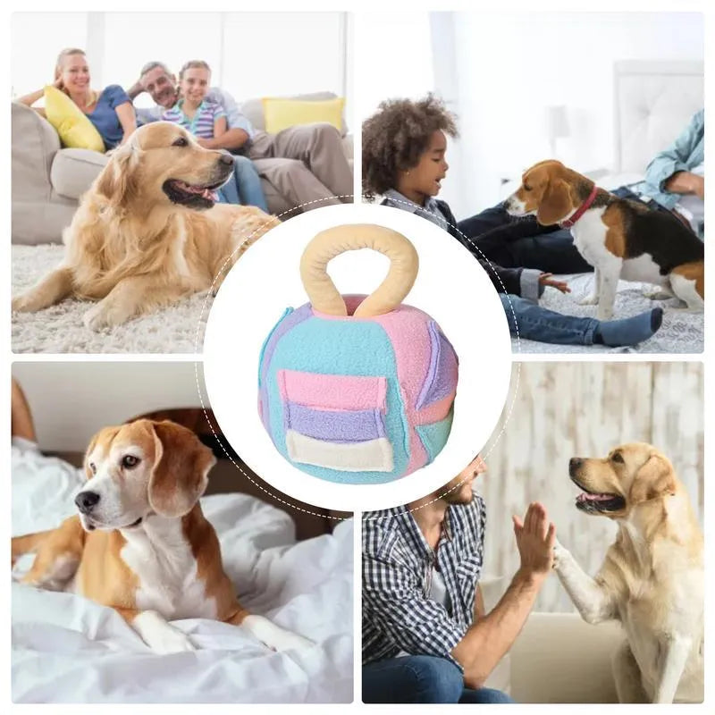 Green or pink polyester dog squeaky plush ball toy with treat pockets measuring 12x12x18cm