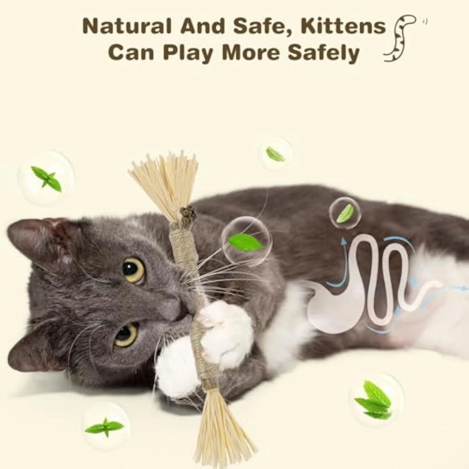 Three natural silvervine chew sticks for cats on wooden surface