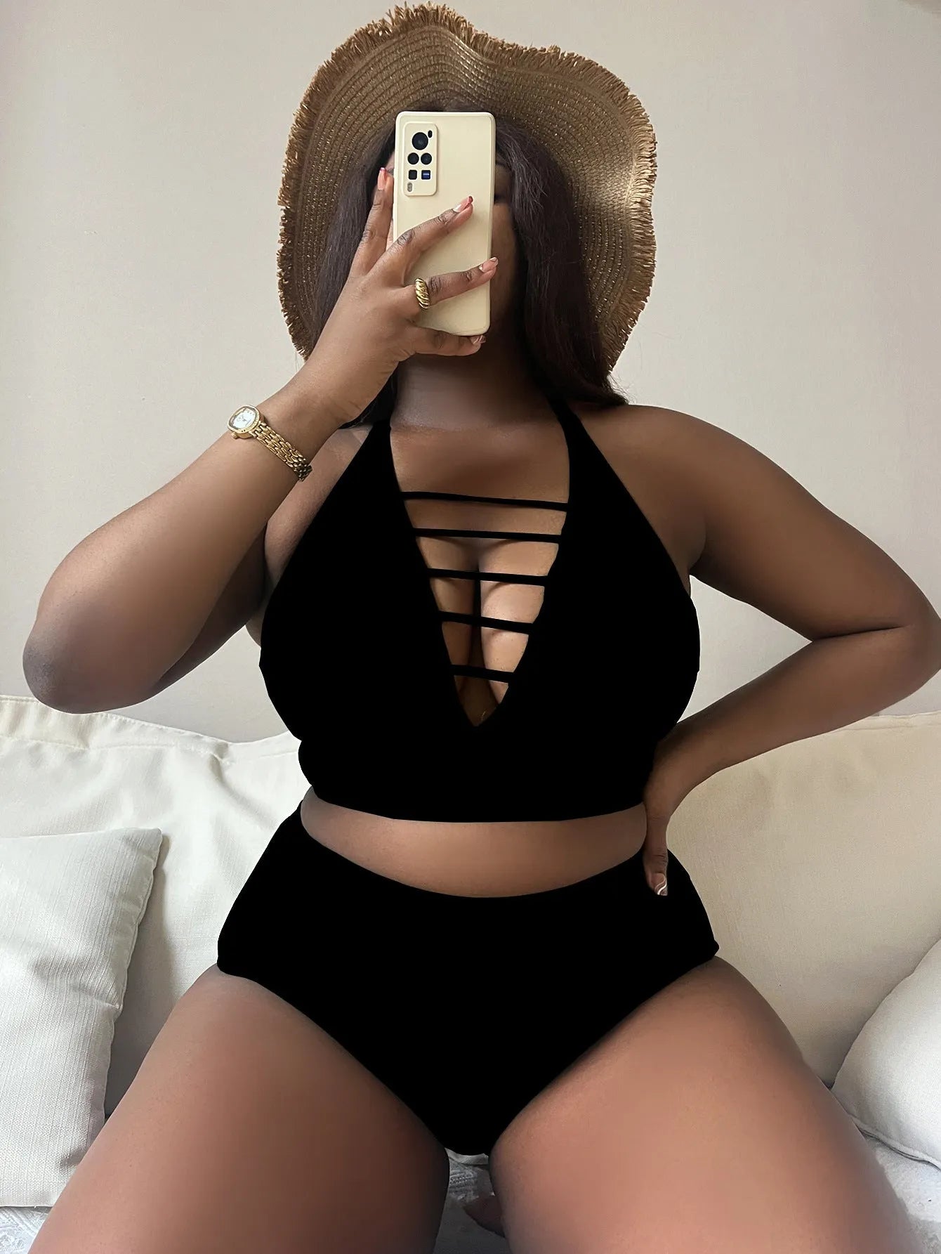 Plus size halter bikini set with adjustable straps and high waist briefs in solid colour