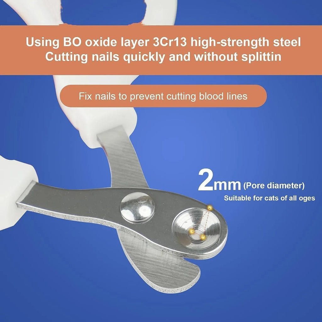 Blue cat nail clippers with circular cut hole and cushioned handle for safe pet nail trimming
