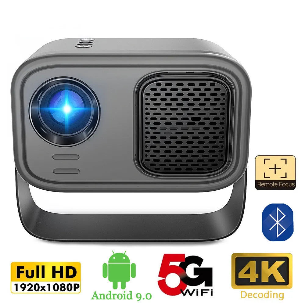Matte black portable smart HD projector with remote control on wooden surface