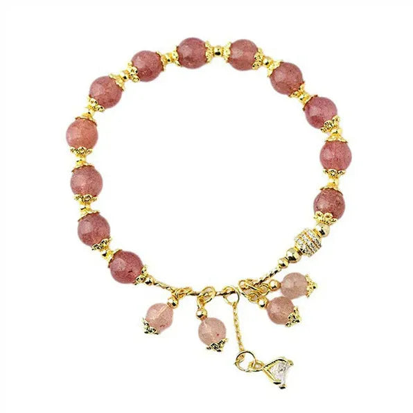 Pink strawberry quartz crystal bracelet with heart shape and pearl accents