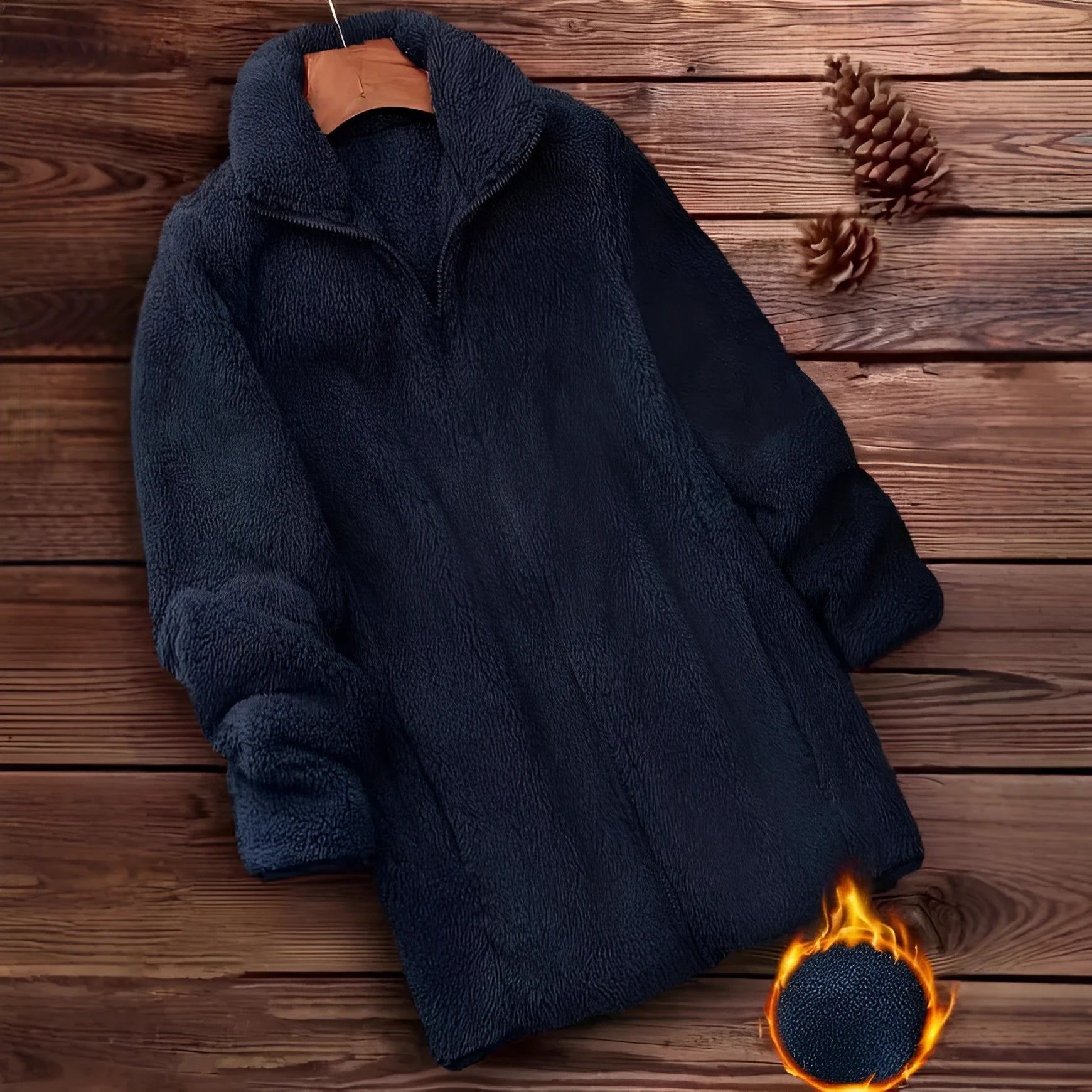 Double-sided velvet fleece jacket in black, navy blue and khaki colours showing front view