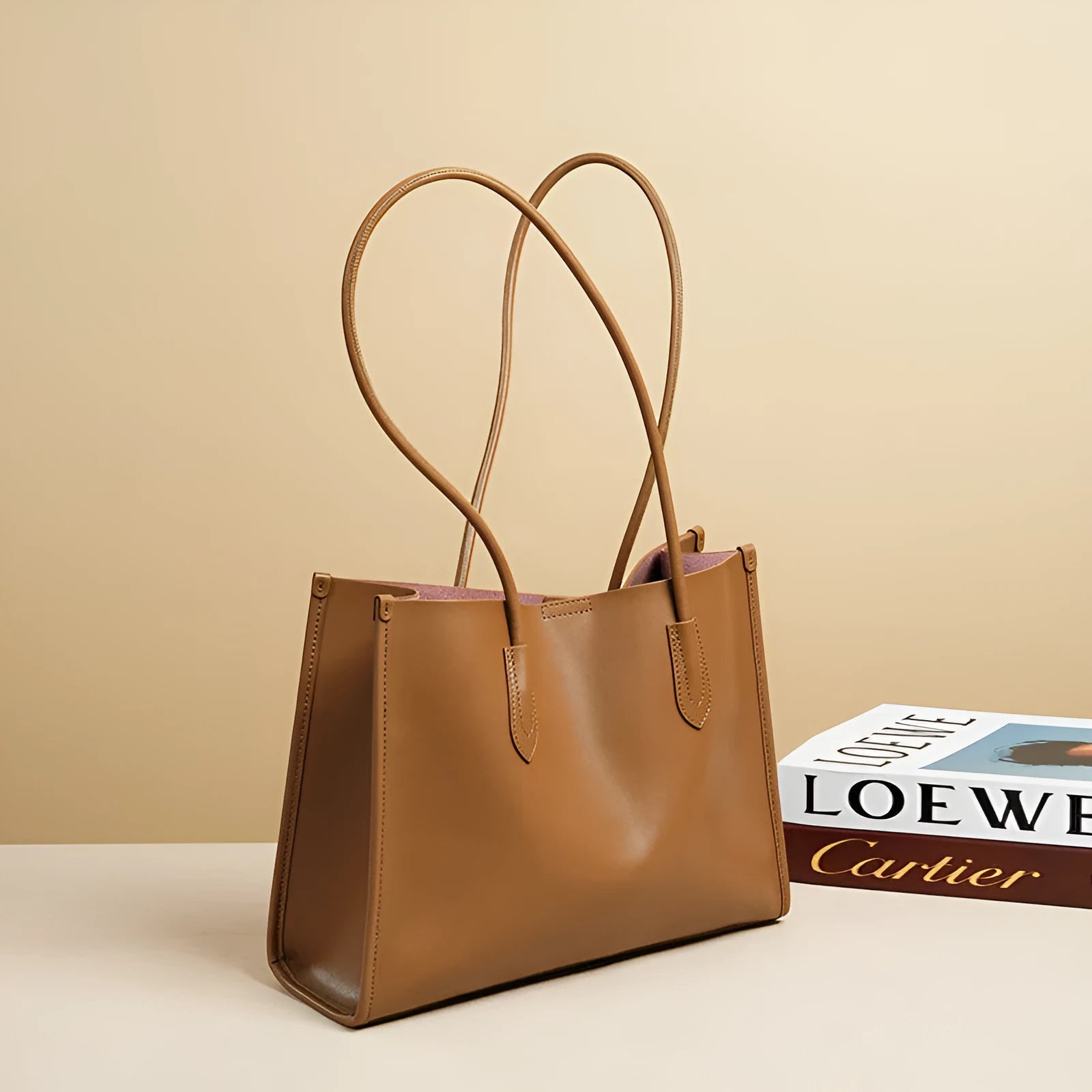 Women's genuine leather commuter tote bag in golden brown with double straps and stitching detail