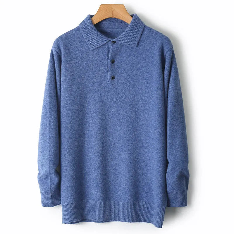 Men's wool polo collar pullover sweater in noble blue colour on a hanger