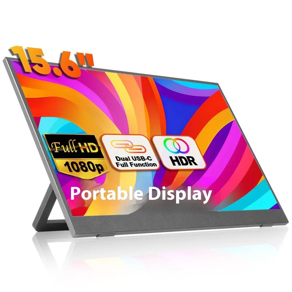 Black 15.6-inch portable monitor with adjustable stand showing Full HD display with office application