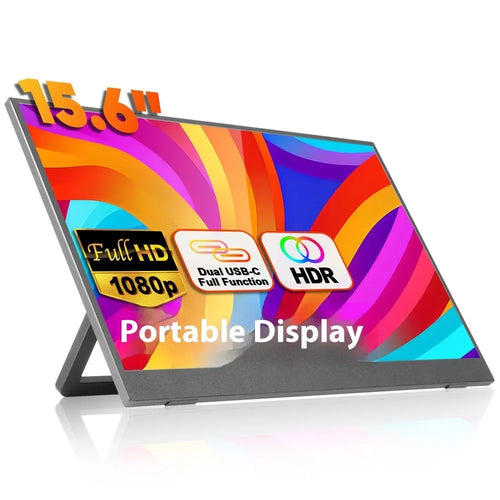 Black 15.6-inch portable monitor with adjustable stand showing Full HD display with office application