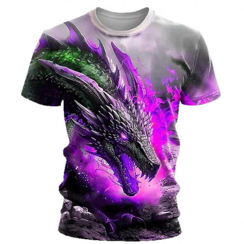 Men's black T-shirt with detailed 3D wind dragon print design on front, short sleeves, thin fabric