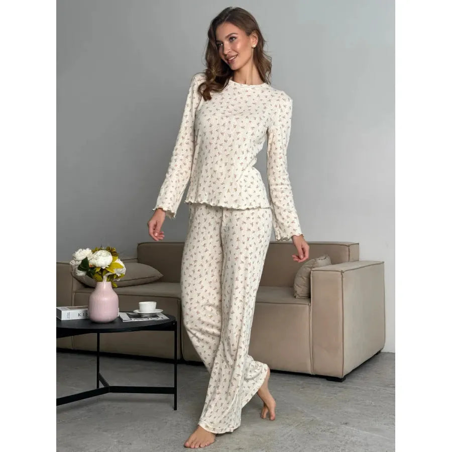Women's white floral print lounge suit with bell sleeves and wide leg trousers