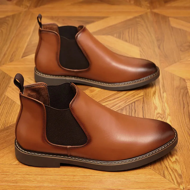 Men's formal black leather pointed-toe boots with a square heel on a white background