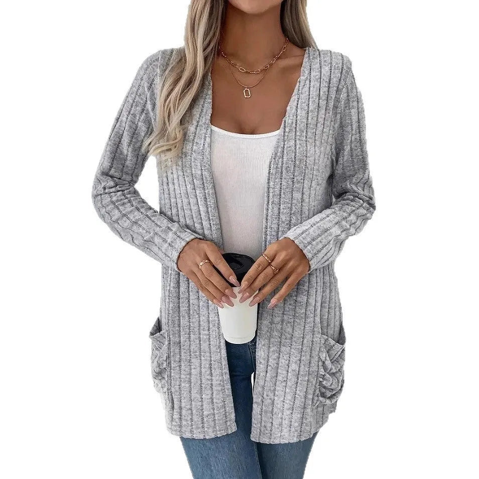 Solid colour long sleeve loose fit cardigan in black or grandmother grey colours
