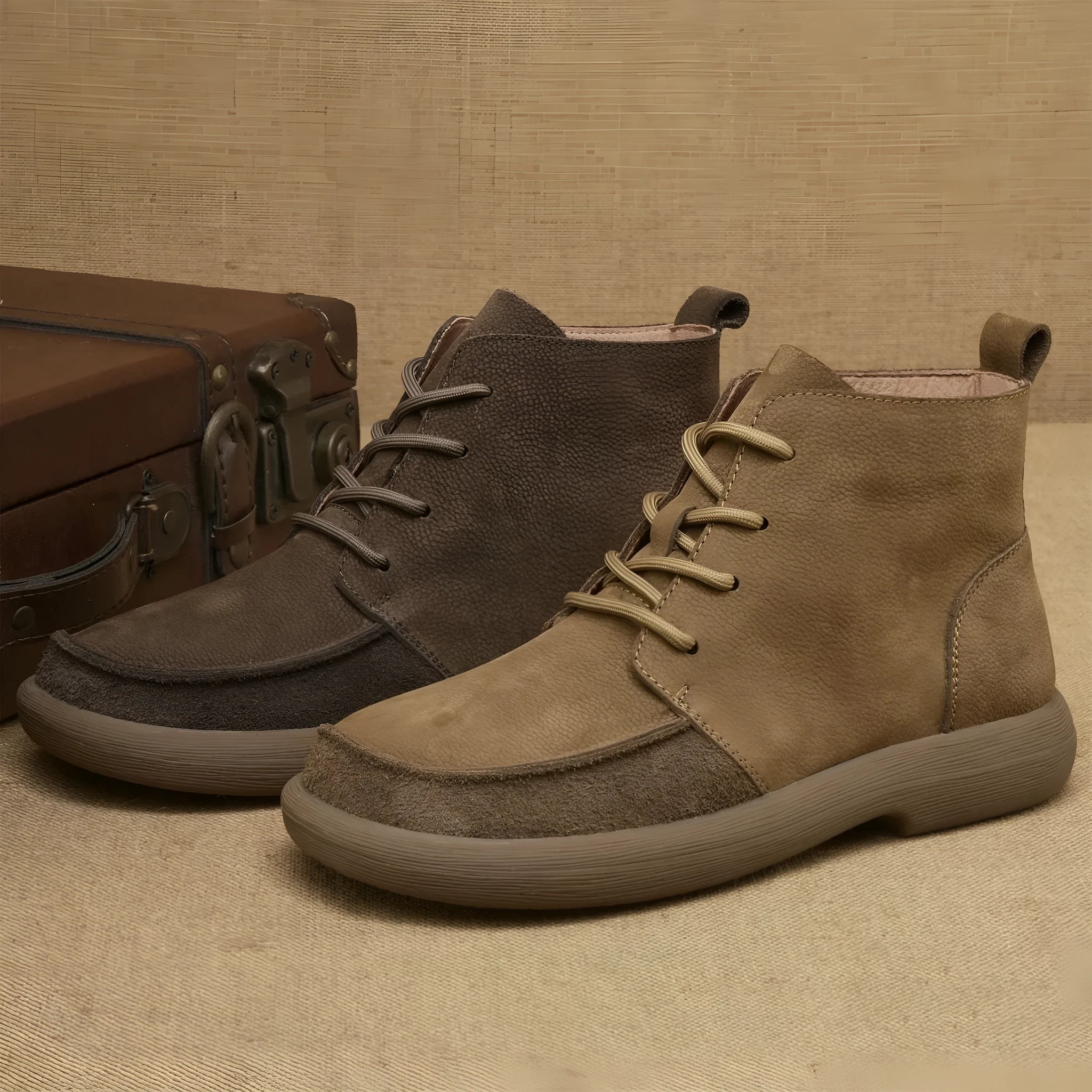 Grey genuine leather mid-calf lace-up boots with a wedge heel on a plain background.