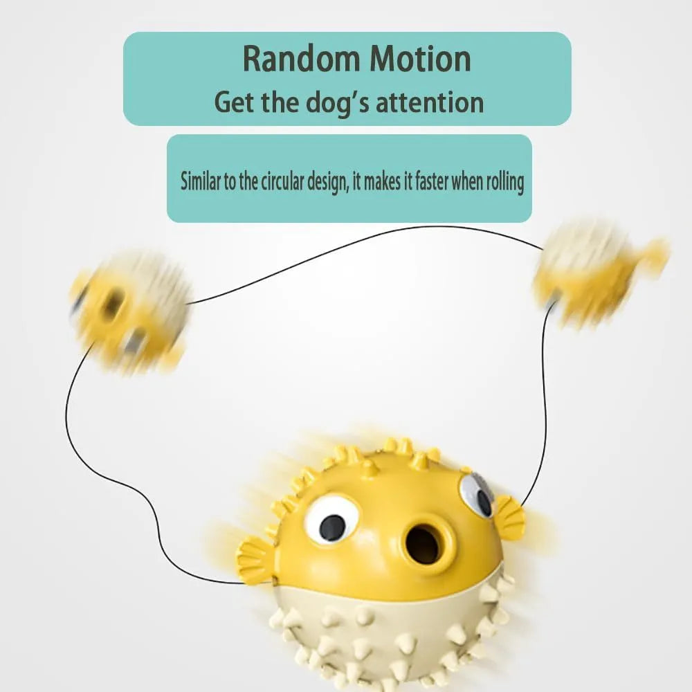 Green interactive fish-shaped dog toy with treat dispensing hole and raised cleaning particles