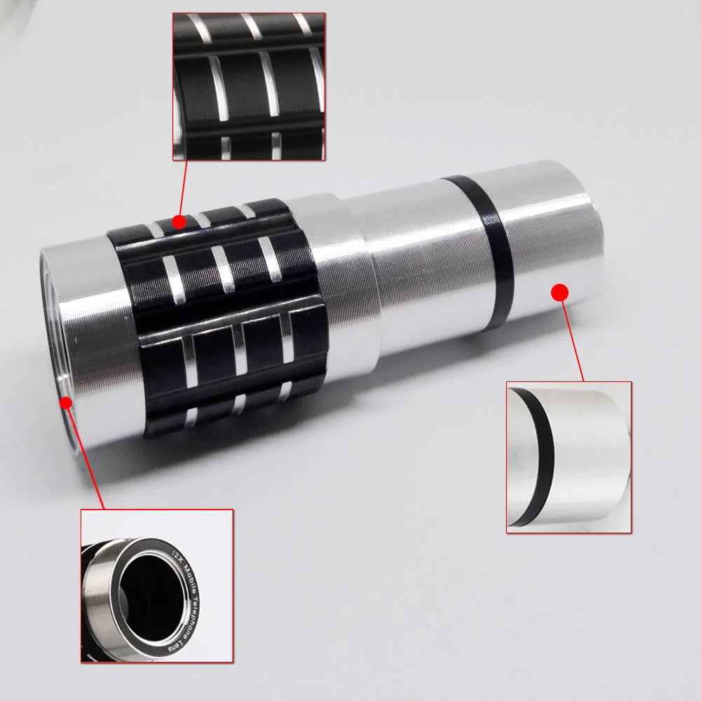 12x universal telescopic lens with collar clip attached to a mobile phone for zoom photography.