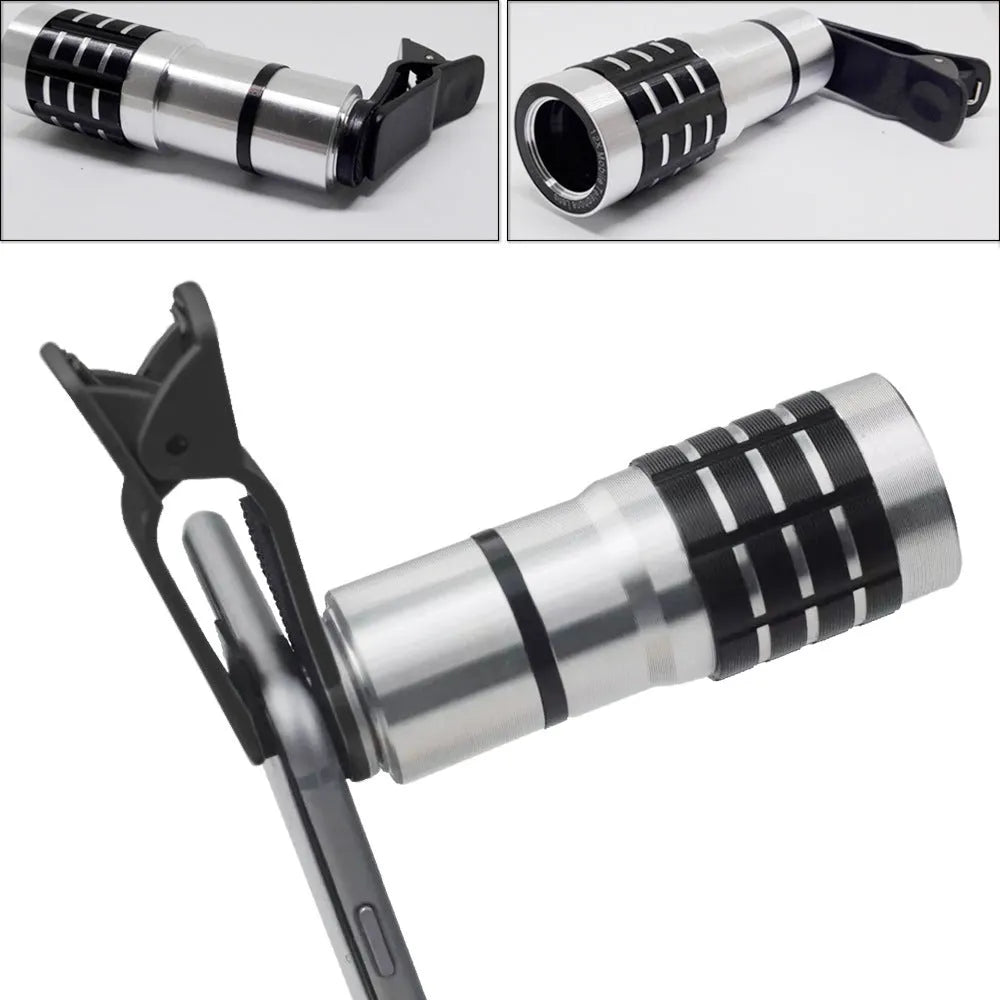 12x universal telescopic lens with collar clip attached to a mobile phone for zoom photography.
