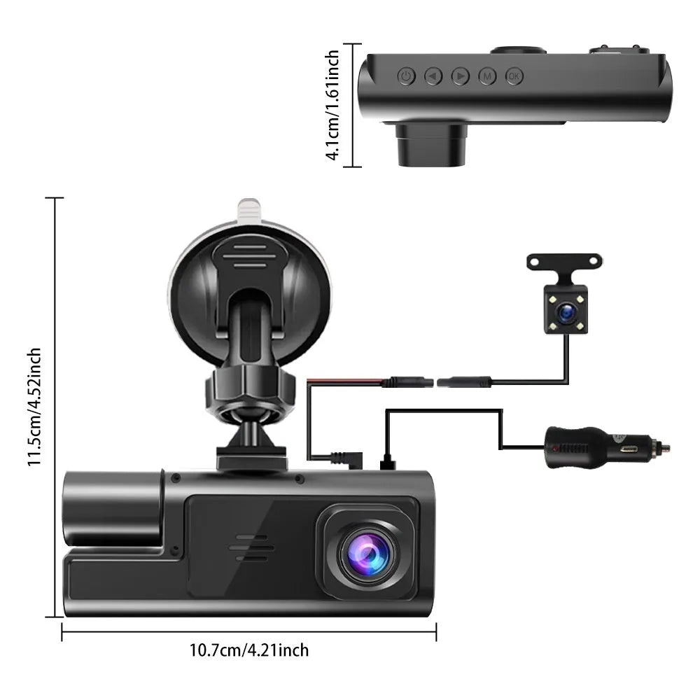 Black car dash cam with a 2-inch screen mounted on a windscreen, showing a rear-view parking image.