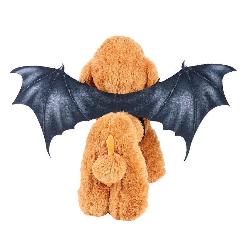 Black cloth bat wings costume for pets with three size options shown