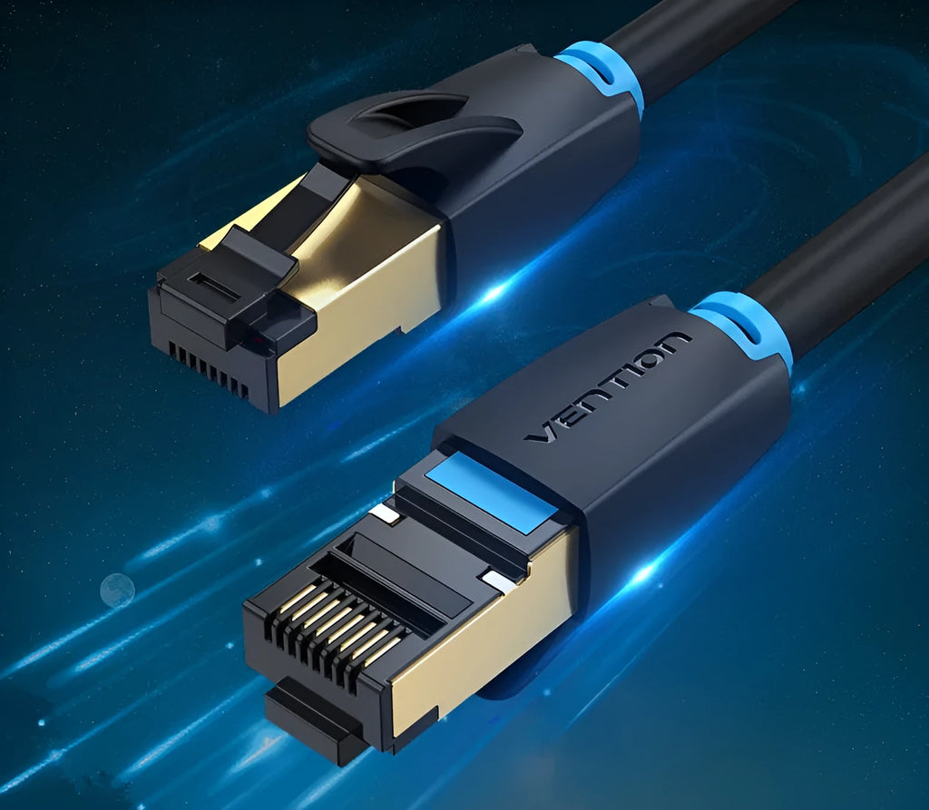 Cat8 10G Ethernet cable showing flat and round styles with RJ45 connectors in various lengths