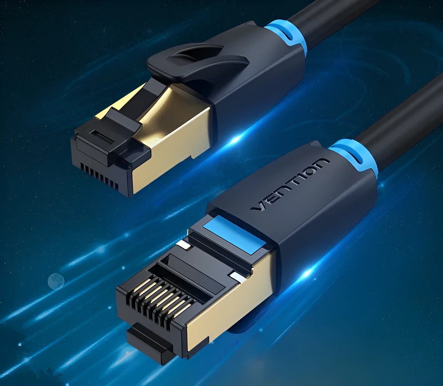 Cat8 10G Ethernet cable showing flat and round styles with RJ45 connectors in various lengths