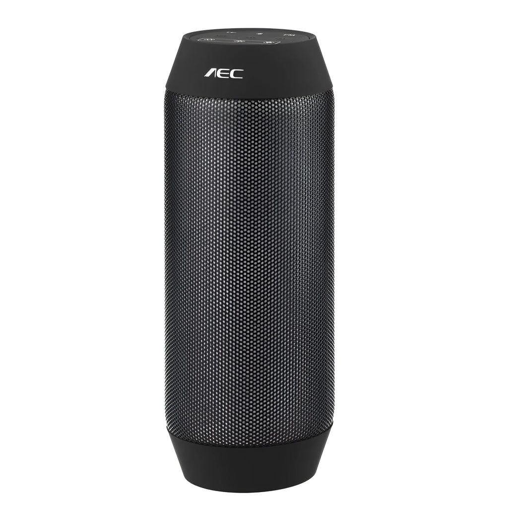 Mini black and white Bluetooth stereo speaker with colourful LED lights on a table.