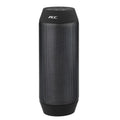Mini black and white Bluetooth stereo speaker with colourful LED lights on a table.