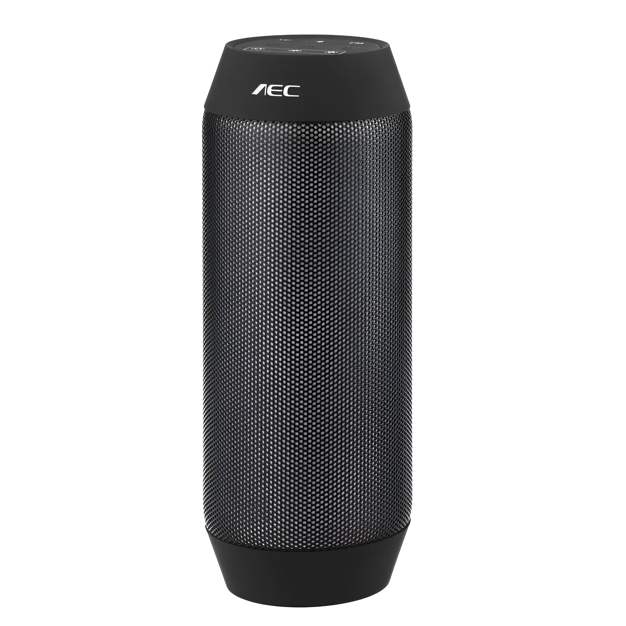 Mini black and white Bluetooth stereo speaker with colourful LED lights on a table.