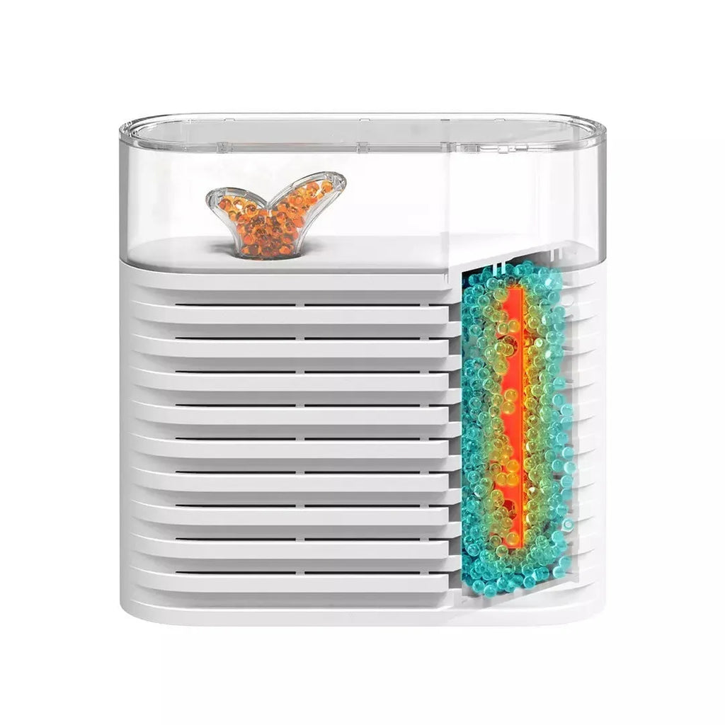 White recyclable cabinet dehumidification box with transparent top showing colour-change beads