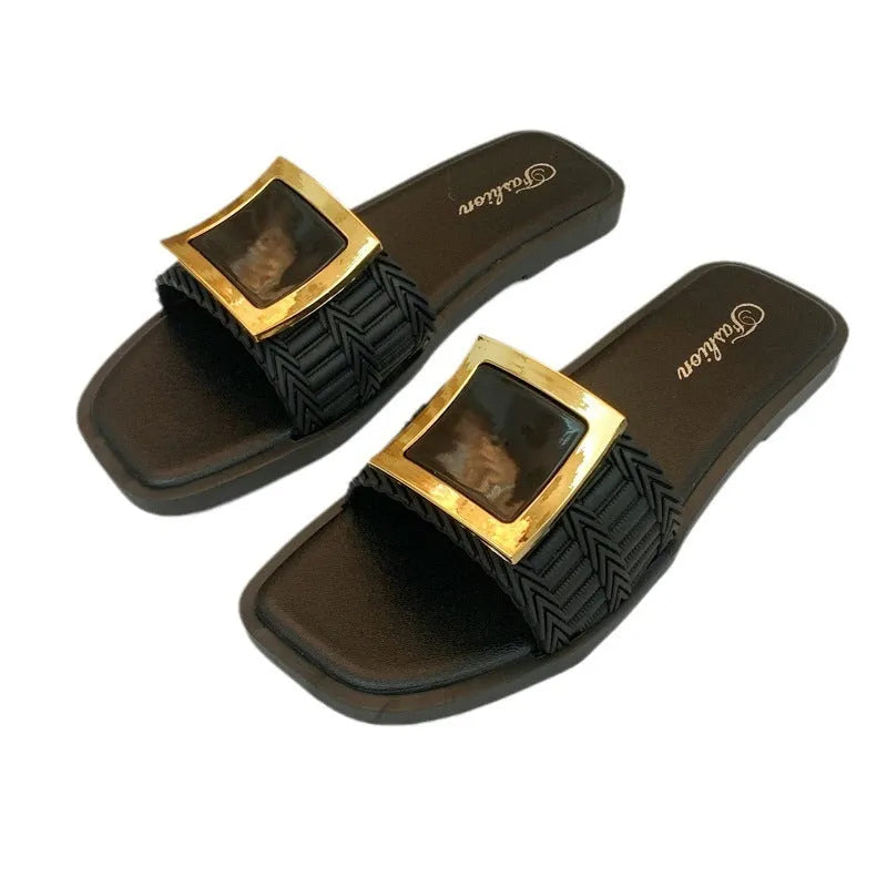 Women's casual flat slippers in apricot, black and khaki with a textured PVC sole.