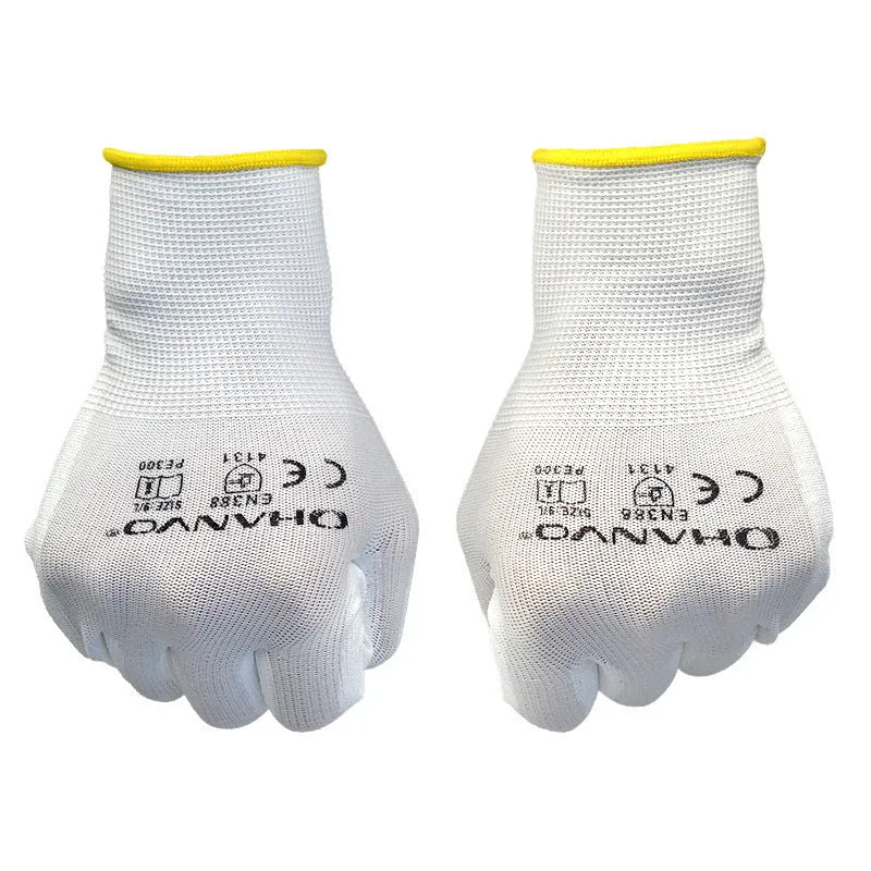 White PU coated labour gloves showing palm detail with wear-resistant coating and flexible construction