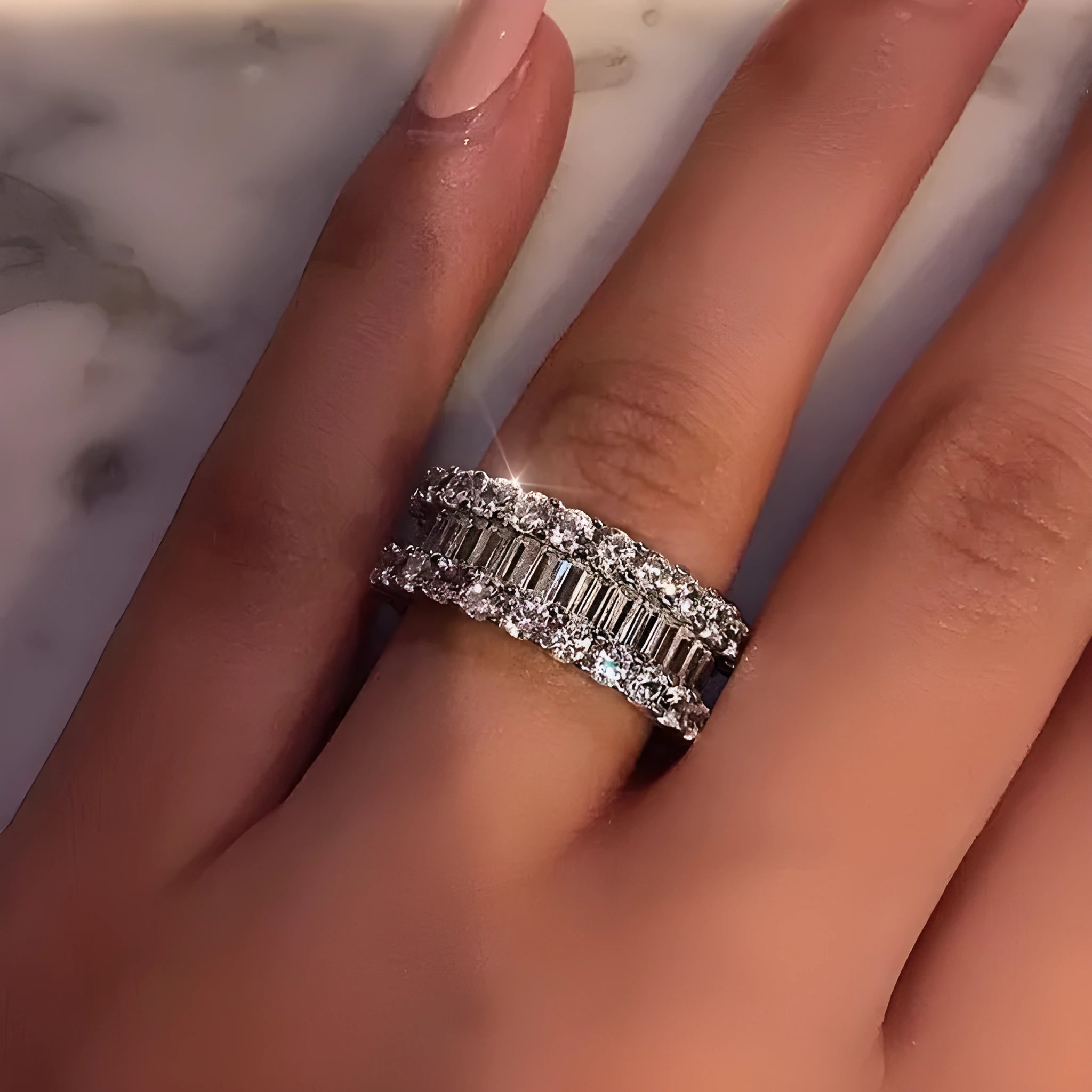 Women's geometric copper ring with inlaid zircon stones light luxury style