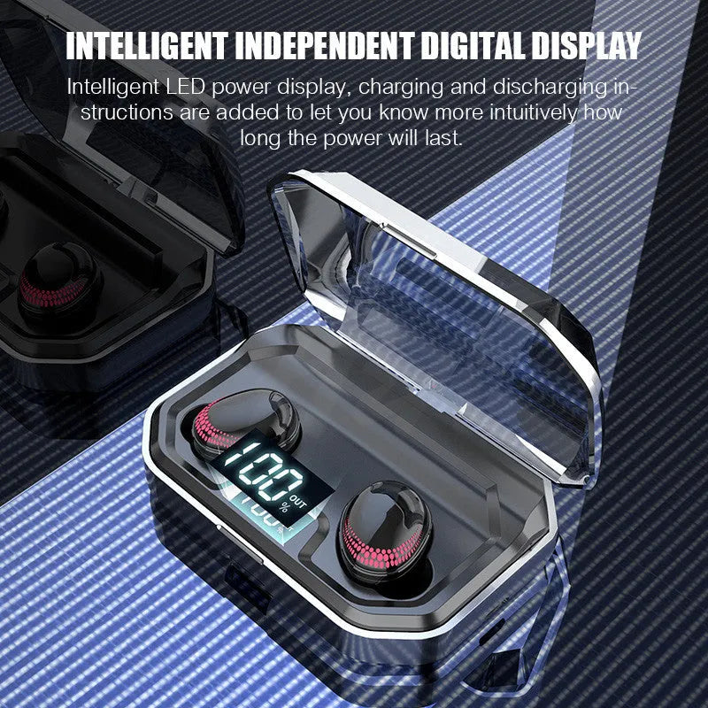 Black X10 Bluetooth wireless headset with charging case showing compact design.