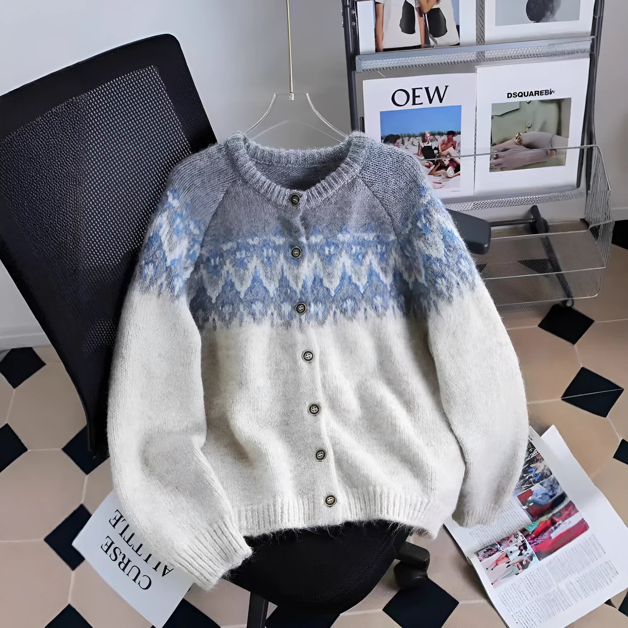 Women's loose fit jacquard sweater coat in milky white, brown, or navy blue.