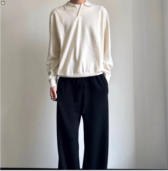 Men's pure wool polo sweater with lapel collar in milky white colour