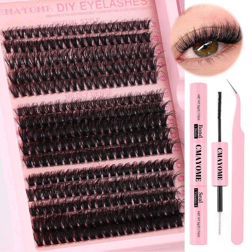 DIY false eyelashes extension suit showing segment single cluster lashes and included tweezers