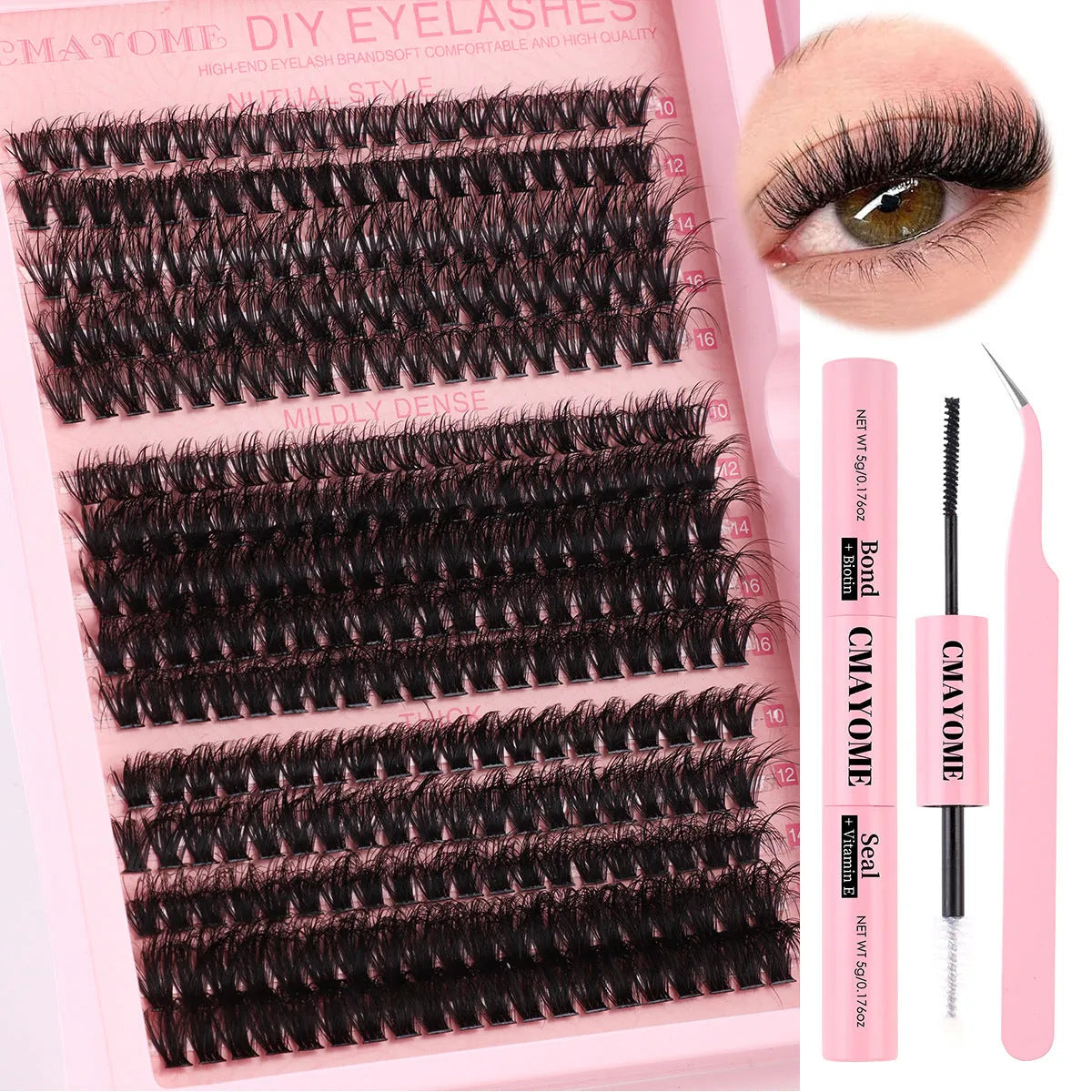 DIY false eyelashes extension suit showing segment single cluster lashes and included tweezers