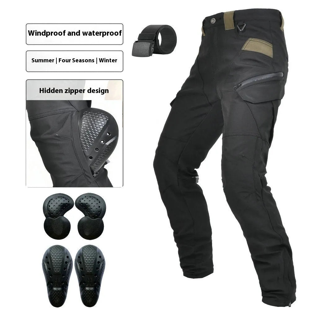 Motorcycle waterproof cycling trousers with protective gear and belt in black or green colour options