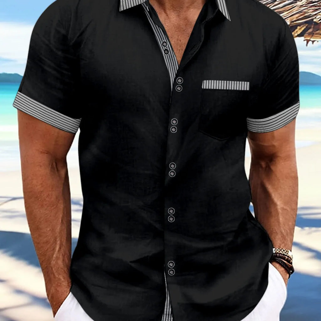 Slim fit striped short sleeve casual shirt in pure cotton with double button front