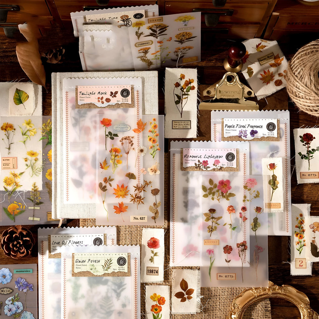 Huazhisen Series sticker material pack showing transfer paper and cotton linen sheets in 85x180mm size with literature-style forest designs