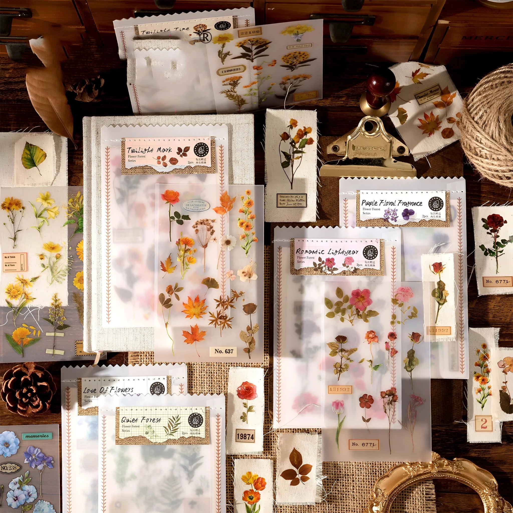 Huazhisen Series sticker material pack showing transfer paper and cotton linen sheets in 85x180mm size with literature-style forest designs