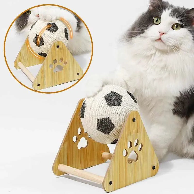 Football-style solid wood sisal cat scratch board vertical grounder on floor