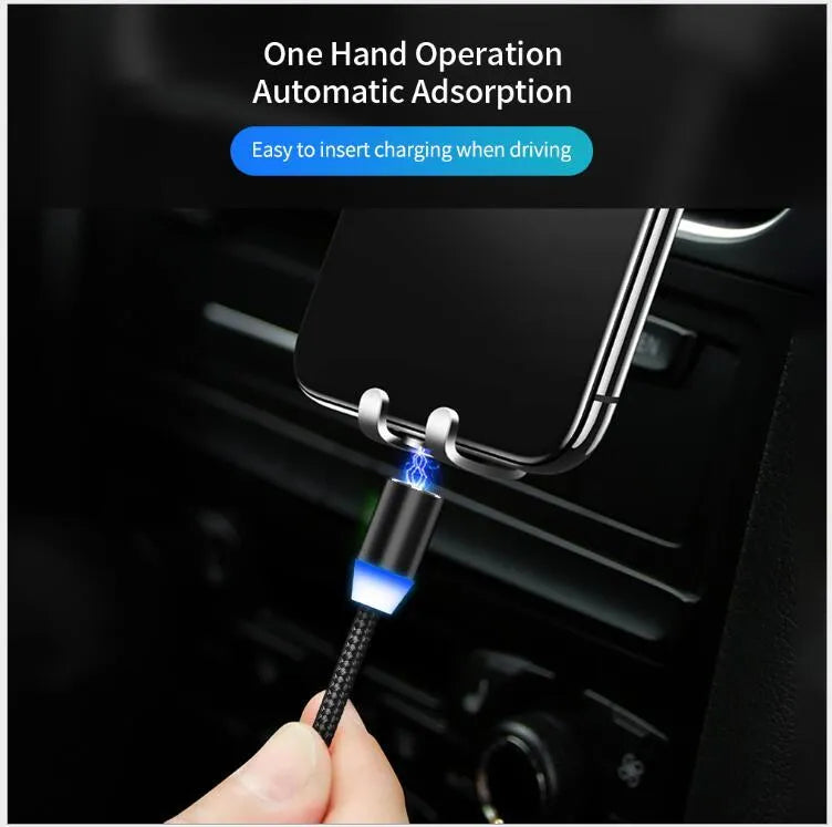 Black braided magnetic USB charging cable with LED light and aluminium connector.
